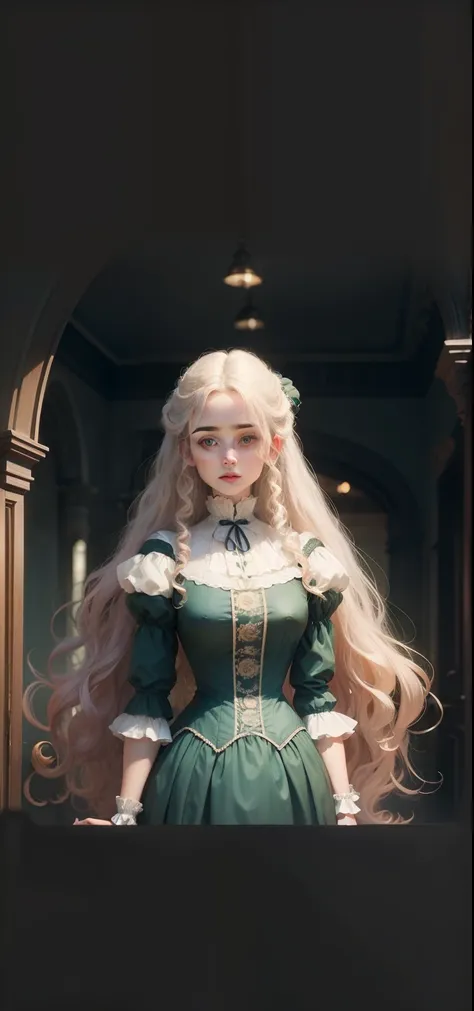 Mulher , loira, Curly hair, blue eyes, Victorian clothes, green Victorian dress, long hair, curly hair, lady, pale skin