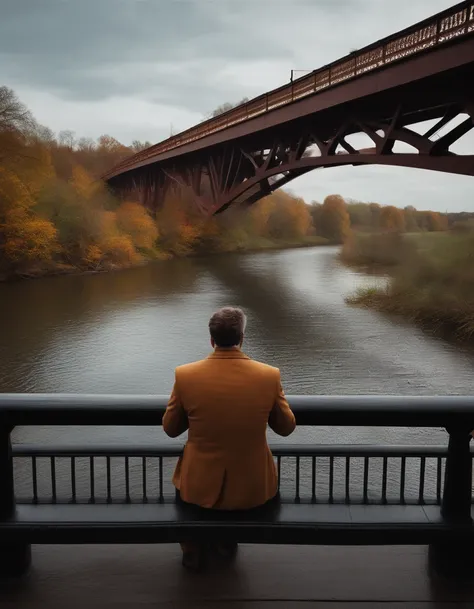 man sitting on bridge overlooking a river, from behind