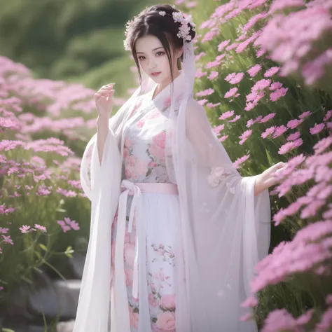 Extremely Detailed CG Unity 8k wallpaper，optimal lighting，super-detailed，best qality，Hi-Res，National style girl，pastel light，beautiful hair，Pink and white Hanfu costume，Open space，white silk，Bright Colors，He smiled，Stand in a sea of flowers