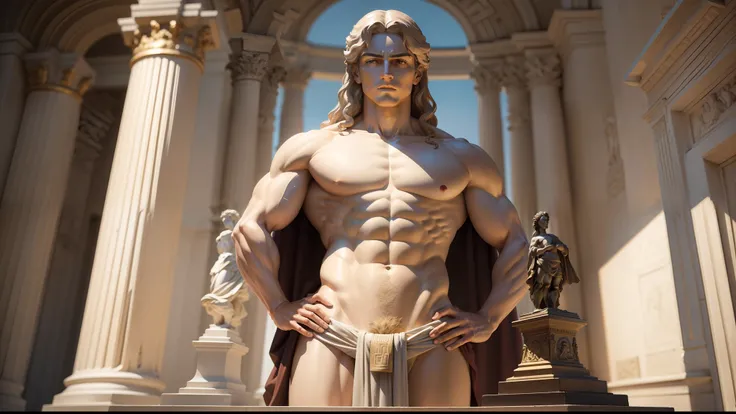 SeeArt, por favor, generate an image of a male Greek statue that embodies the beauty and perfection of the classical Greek ideal. The statue should depict a young, athletic man, with harmonious proportions and well-defined muscles. Ele deve estar em uma po...