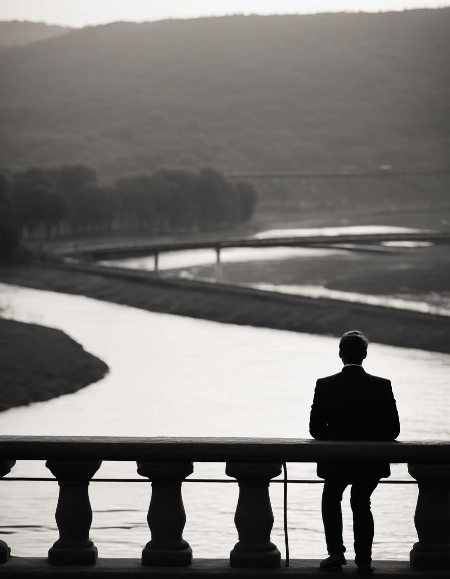 man sitting on bridge overlooking a river, taken from behind the man, no color, close up, background city