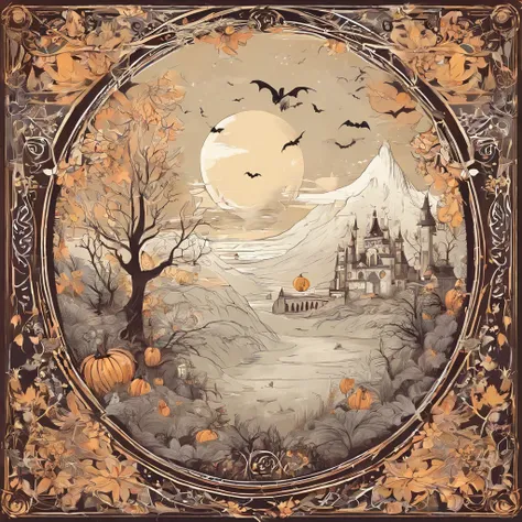 monochrome, Stitching style，halloween，pumpkins, Confectionery，tiling, pattern, symmetrical, exact pattern, halloween theme, witch, witchcraft, broomstick, night moon, bats, black cat, symmetrical. monochromatic ,grainy ,noise effect, retro picture.