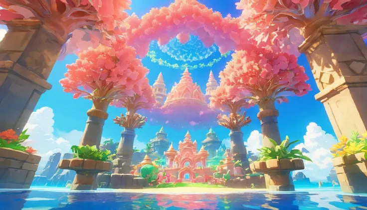 Virtual scene design, coral art installation above the blue ocean, galvanized fiberglass with rainbow gradient, surreal visual representation, magnificent architecture, unique, intricate, exquisite details,（blender, oc rendering, natural light, ray tracing...