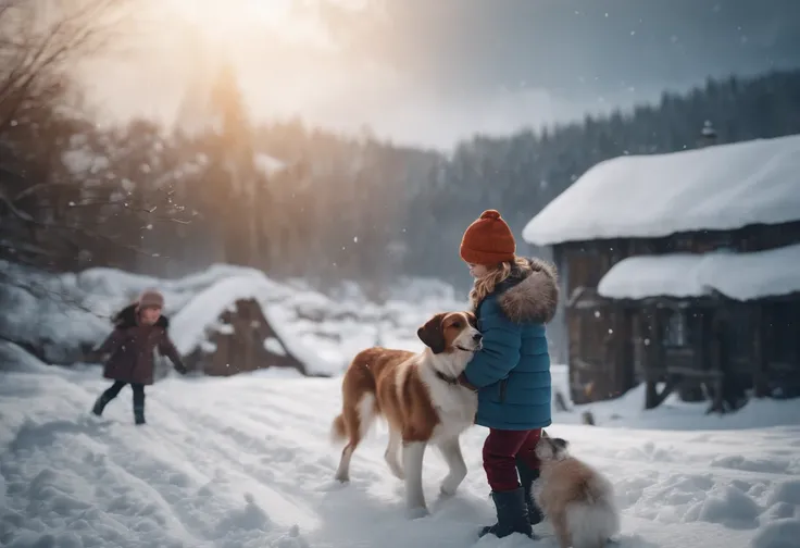 CHILDREN PLAYING IN THE SNOW, WINTER, SNOWING, DOG, 8K, detailed matte painting, deep color, fantastical, intricate detail, splash screen, complementary colors, fantasy concept art, 8k resolution trending on Artstation Unreal Engine 5"