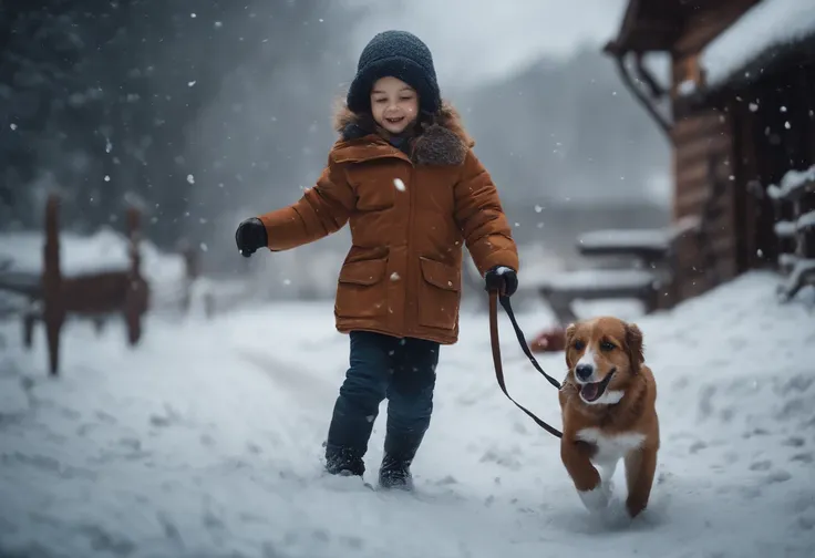 CHILDREN PLAYING IN THE SNOW, WINTER, SNOWING, DOG, 8K, detailed matte painting, deep color, fantastical, intricate detail, splash screen, complementary colors, fantasy concept art, 8k resolution trending on Artstation Unreal Engine 5"