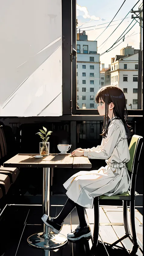 wallpaper, 1girl sitting in a coffe shop, table, window, cute, gorgeous, minimalistic