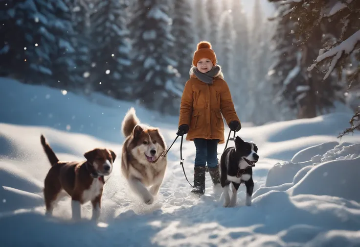 CHILDREN PLAYING IN THE SNOW, WINTER, SNOWING, DOG, 8K, detailed matte painting, deep color, fantastical, intricate detail, splash screen, complementary colors, fantasy concept art, 8k resolution trending on Artstation Unreal Engine 5"