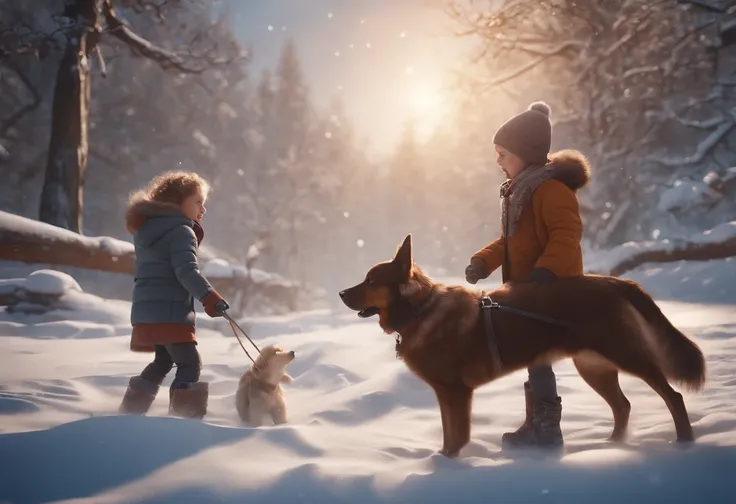 CHILDREN PLAYING IN THE SNOW, WINTER, SNOWING, DOG, 8K, detailed matte painting, deep color, fantastical, intricate detail, splash screen, complementary colors, fantasy concept art, 8k resolution trending on Artstation Unreal Engine 5"