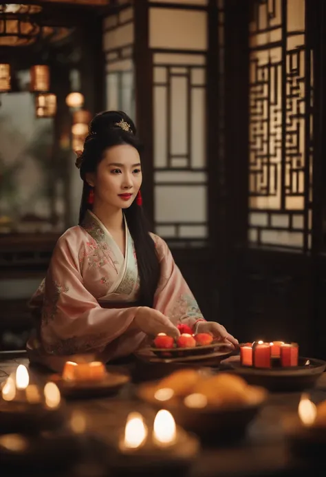 1womanl, 24 years of age，Chinese female celebrity，Chinese costumes，Gorgeous，the night，Ancient Chinese architecture，(Chinese elements，Wooden dining table，Mooncakes，Mid-Autumn Festival elements，themoon)，