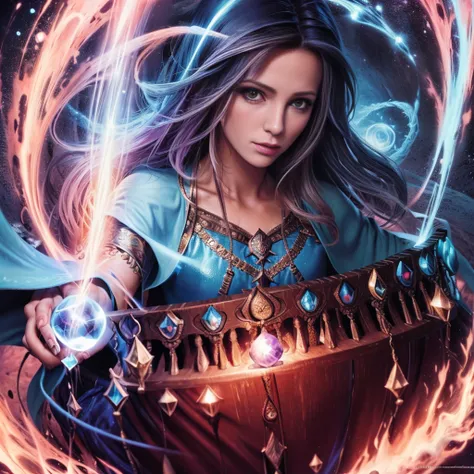 uma mulher com uma capa azul segurando uma bola brilhante, mago feminino, retrato de um mago feminino, female mage conjuring a s...