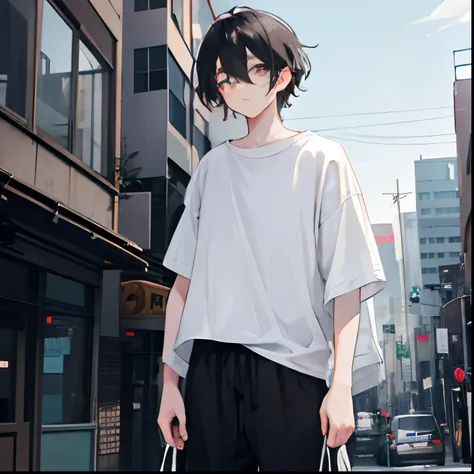 1 boy, black messy hair, tuby eyes, wearing gray baggy vintage pants, oversized white t-shirt, city, absurdres, high res, ultrasharp, 8k, masterpiece, looking at viewer