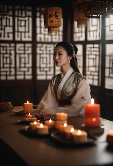 1womanl, 24 years of age，Chinese female celebrity，Chinese costumes，Gorgeous，the night，Ancient Chinese architecture，Chinese elements，Wooden dining table，((Mooncakes))，Mid-Autumn Festival elements，themoon，