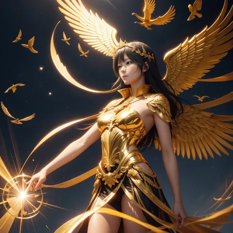 （（Brilliantly shining））、golden body、Golden spreading wings、crows、lead、Messenger of God