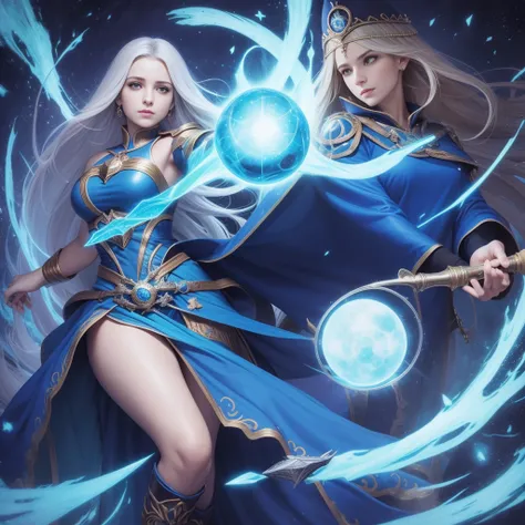 uma mulher com uma capa azul segurando uma bola brilhante, mago feminino, Retrato de um mago feminino, Female mage conjuring a spell, mago feminino!, Epic Character Wizard Girl, Arte do Jogo de Cartas de Fantasia, mago, Graphic artist Magali Villeneuve, Re...