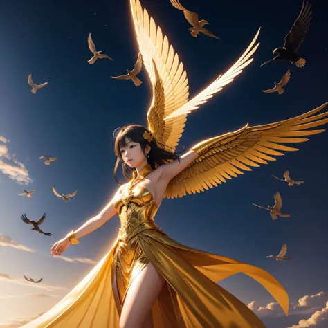 （（Brilliantly shining））、golden body、Golden spreading wings、crows、lead、Messenger of God