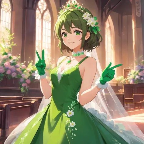 Green Dress Flower Cleanser，Sense of atmosphere, best qualtiy，tmasterpiece，1girll，30-years old，Green dress，Daytime Church，full body Esbian, Green gloves，masculine short hair，big breasts beautiful，looking at viewert，ssmile，Green Bridal Veil，Green Long Grove...