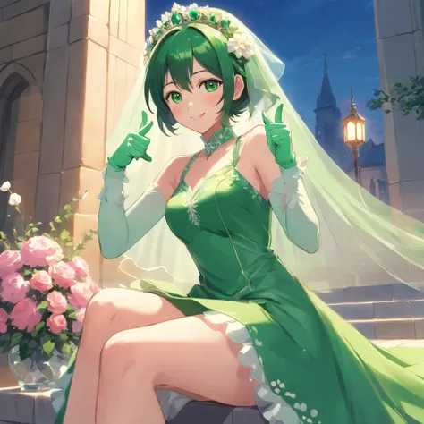 Green Dress Flower Cleanser，Sense of atmosphere, best qualtiy，tmasterpiece，1girll，30-years old，Green dress，Daytime Church，full body Esbian, Green gloves，masculine short hair，big breasts beautiful，looking at viewert，ssmile，Green Bridal Veil，Green Long Grove...