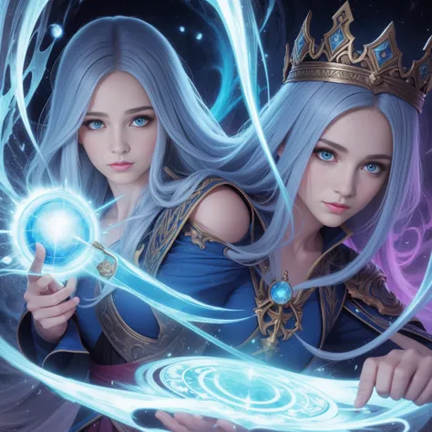 uma mulher com uma capa azul segurando uma bola brilhante, mago feminino, Retrato de um mago feminino, Female mage conjuring a spell, mago feminino!, Epic Character Wizard Girl, Arte do Jogo de Cartas de Fantasia, mago, Graphic artist Magali Villeneuve, Re...