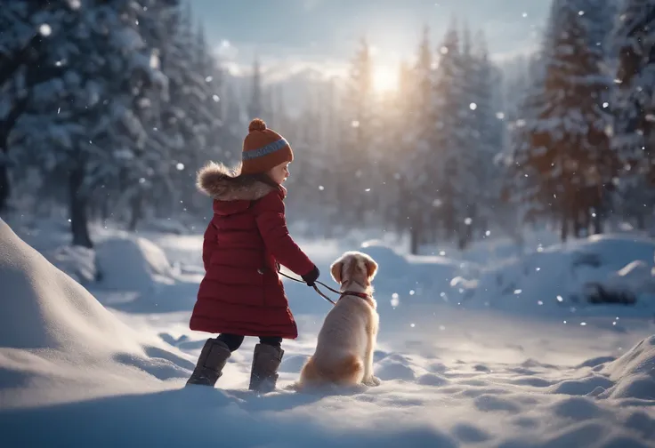 CHILDREN PLAYING IN THE SNOW, WINTER, SNOWING, DOG, 8K, detailed matte painting, deep color, fantastical, intricate detail, splash screen, complementary colors, fantasy concept art, 8k resolution trending on Artstation Unreal Engine 5"