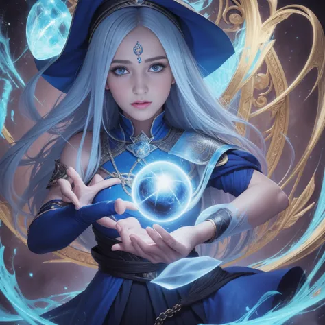 uma mulher com uma capa azul segurando uma bola brilhante, mago feminino, Retrato de um mago feminino, Female mage conjuring a spell, mago feminino!, Epic Character Wizard Girl, Arte do Jogo de Cartas de Fantasia, mago, Graphic artist Magali Villeneuve, Re...