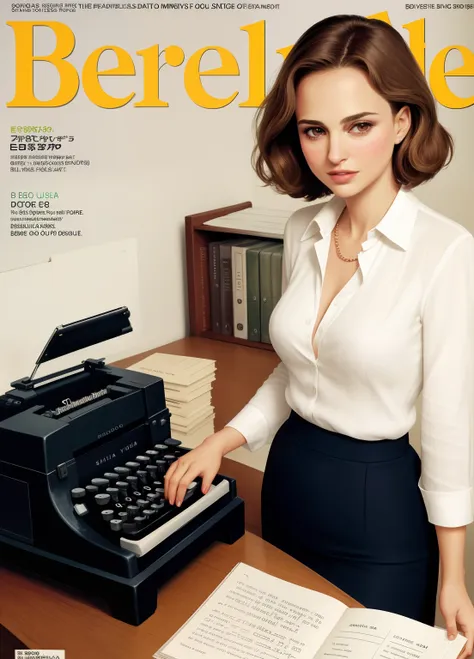 Sober OL Magazine Cover、Beautiful woman、Beautiful sober office lady、The face resembles Natalia Portman、Natalie Portman、short hair、Cabelos prateados、No trabalho、usando minissaia、veste uma camisa branca、Typing on a typewriter