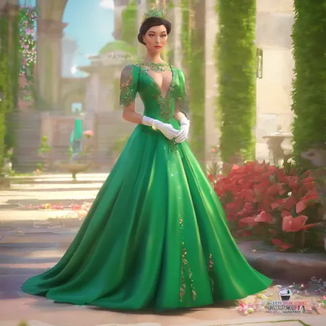 Green Dress Flower Cleanser，Sense of atmosphere, best qualtiy，tmasterpiece，1girll，30-years old，Green dress，Daytime Church，full body Esbian, Green gloves，masculine short hair，big breasts beautiful，looking at viewert，ssmile，Green Bridal Veil，Green Long Grove...