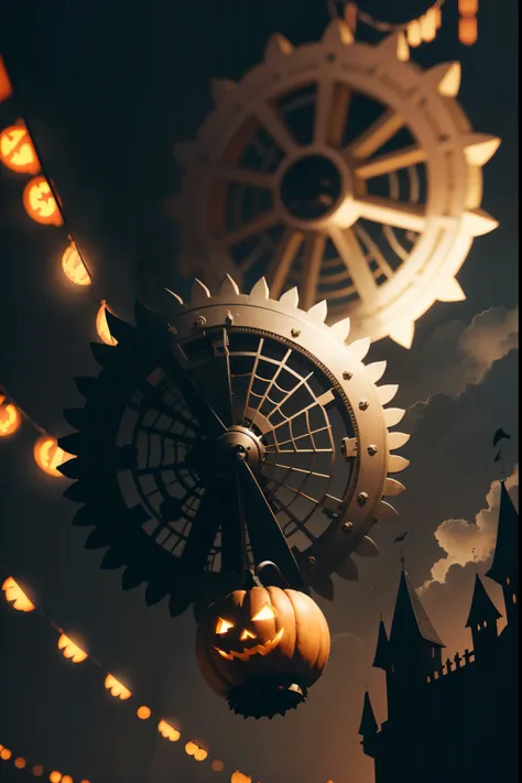 Halloween. Medieval times. An infinitely huge gear mechanism in close-up flies in the air high above the ground at an angle. Gears rotate the mechanism of the Halloween holiday. sparks. Lots of shadows of huge ghosts. Cinematic. super realistic. Blurred da...