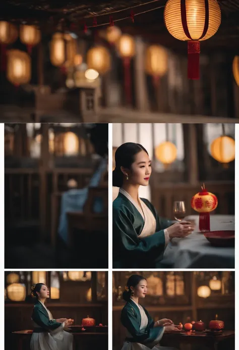 1womanl, 24 years of age，Chinese female celebrity，Chinese costumes，Gorgeous，the night，Ancient Chinese architecture，Chinese elements，Wooden dining table，((Mooncakes))，((Mid-Autumn Festival elements))，((themoon))，