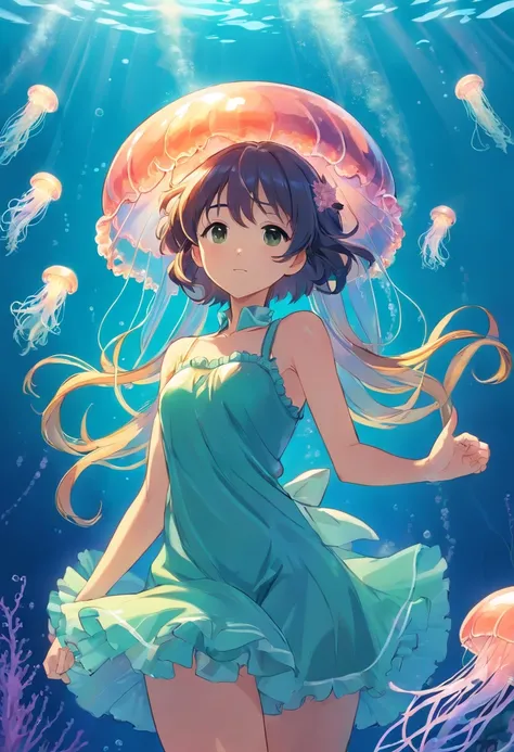 cute girl yeah,flat chest,kawaii,(jellyfish girl:1.2), arms behind back,underwater,frilled dress,