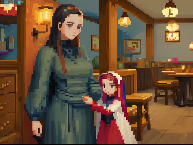 pixel art,  low resolution, an inn where a widow, beautiful woman and a cute daughter are keepers