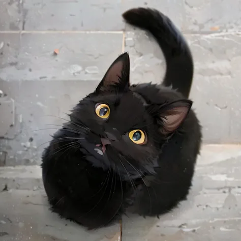 Black cat with yellow eyes sitting on the floor, Black cat taking selfies, Black cat, Big black eyes, Black shelf, Attractive black eyes, Looking up at the camera, mischievous look, cute round slanted eyes, stares at the camera, Black cat at her feet, a cu...