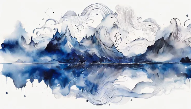 Ink scenery，white backgrounid，Deep indigo and gray，scenecy， ink，Rolling mountains，Eau，Wide River