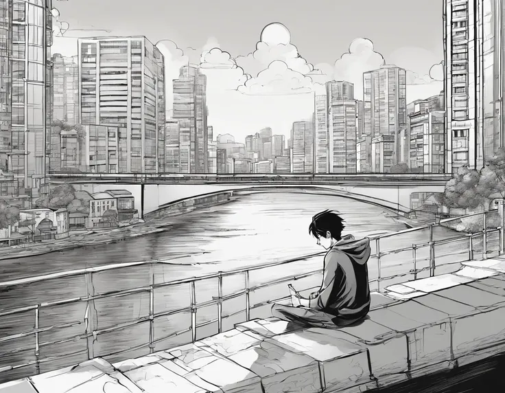 "Create an anime scene where a character sits pensively on a bustling city bridge, gazing at the tranquil river below as the urban landscape surrounds them." black and white, no color