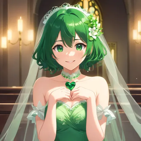 Green Dress Flower Cleanser，Sense of atmosphere, best qualtiy，tmasterpiece，1girll，30-years old，Green dress，Daytime Church，full body Esbian, Green gloves，masculine short hair，big breasts beautiful，looking at viewert，ssmile，Green Bridal Veil，Green Long Grove...