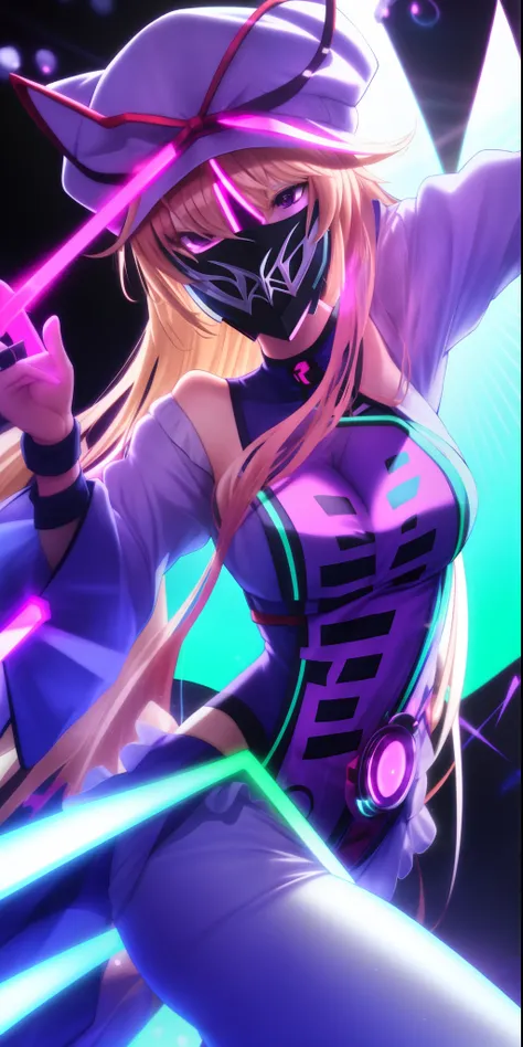 yukari yakumo
mob cap
tabard dancing melbourne shuffle harstyle wearing a led purge masks with visible and neon rave gear