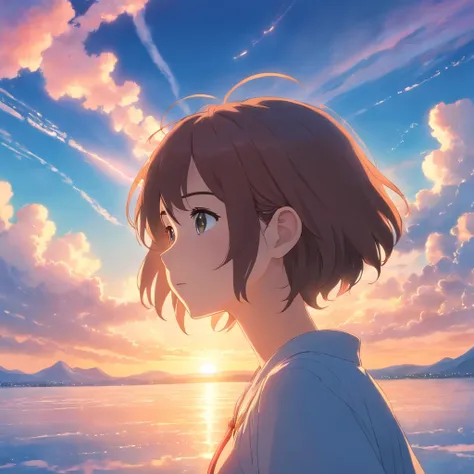 masterpiece, best quality, movie still, 1girl, cloud girl, floating in the sky, close-up, bright, happy, warm soft lighting, sunset, (sparks:0.7)