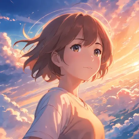 masterpiece, best quality, movie still, 1girl, cloud girl, floating in the sky, close-up, bright, happy, warm soft lighting, sunset, (sparks:0.7)