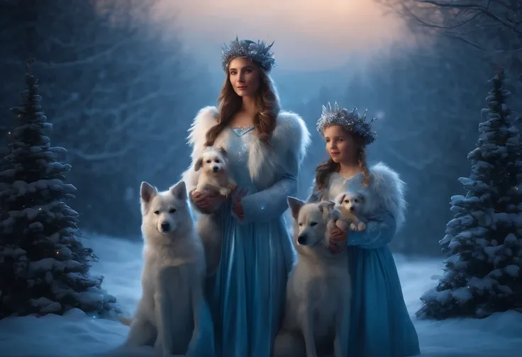 MOTHER AND DAUGHTERS DRESSED AS WINTER FAIRIES, WEARING WINTER CROWNS, WINTER, NIGHTTIME, SNOWING, DOG,8K, detailed matte painting, deep color, fantastical, intricate detail, splash screen, complementary colors, fantasy concept art, 8k resolution trending ...