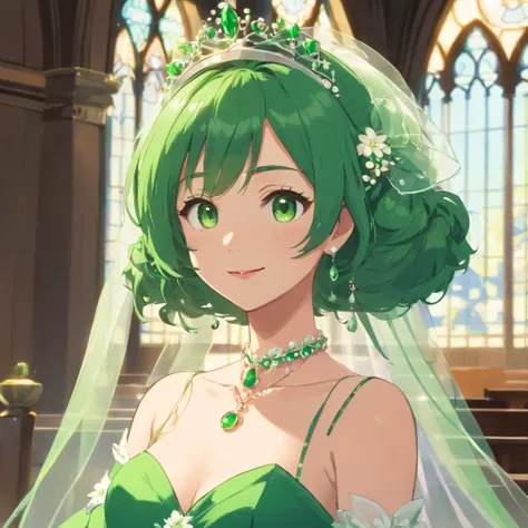 Green Dress Flower Cleanser，Sense of atmosphere, best qualtiy，tmasterpiece，1girll，30-years old，Green dress，Daytime Church，full body Esbian, Green gloves，masculine short hair，big breasts beautiful，looking at viewert，ssmile，Green Bridal Veil，Green Long Grove...