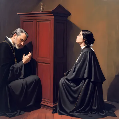 Painting of a man and a woman sitting in front of a closet, Ajoelhado diante do Papa, kneeling in prayer, Directed by: Juan OGorman, praying, Directed by: Antonio Ciseri, Ajoelhado, Directed by: Jan Stanislavski, Directed by: Francesco Hayez, ajoelhado e o...