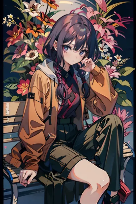 A woman sits on a bench，Flowers in the background, a beautiful anime portrait, anime vibes, anime visual of a cute girl, animeaesthetic, Style anime, Anime girl, Beautiful anime style, animeaesthetic, (Anime girl), High Quality Anime Art Style, style of an...