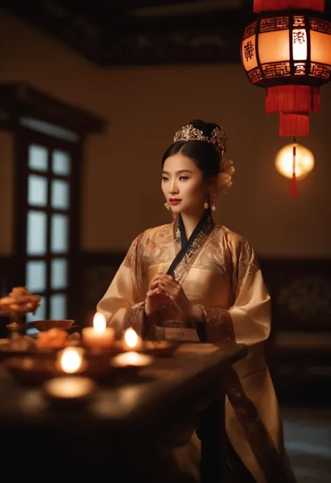 1womanl, 20yr old，((Chinese female celebrity))，Chinese costumes，Gorgeous，the night，Ancient Chinese architecture，Chinese elements，Wooden dining table，((Mooncakes))，candelabra，candle，lantern，((themoon))，