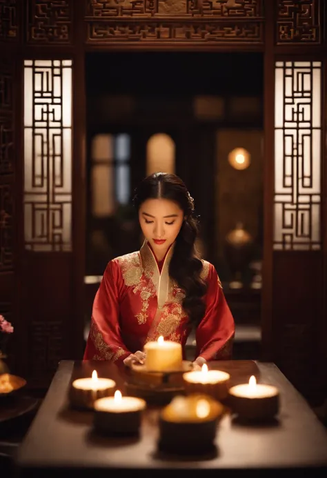 1womanl, 20yr old，((Chinese female celebrity))，Chinese costumes，Gorgeous，the night，Ancient Chinese architecture，Chinese elements，Wooden dining table，((Mooncakes))，candelabra，candle，lantern，((themoon))，