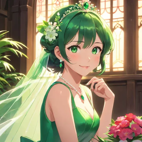 Green Dress Flower Cleanser，Sense of atmosphere, best qualtiy，tmasterpiece，1girll，30-years old，Green dress，Daytime Church，full body Esbian, Green gloves，Very short hair like a man，big breasts beautiful，looking at viewert，ssmile，Green Bridal Veil，Green Long...