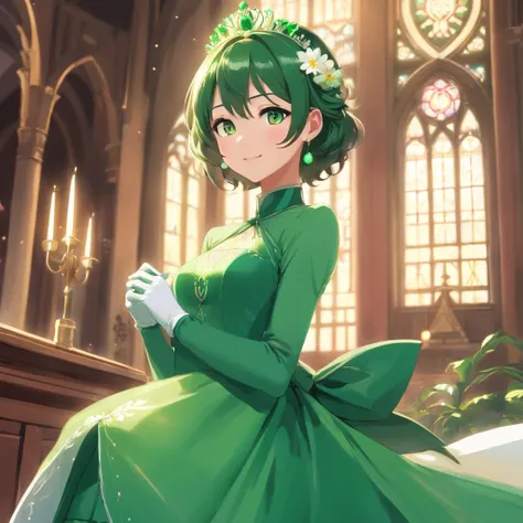 Green Dress Flower Cleanser，Sense of atmosphere, best qualtiy，tmasterpiece，1girll，30-years old，Green dress，Daytime Church，full body Esbian, Green gloves，Very short hair like a man，big breasts beautiful，looking at viewert，ssmile，Green Bridal Veil，Green Long...