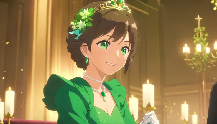 Green Dress Flower Cleanser，Sense of atmosphere, best qualtiy，tmasterpiece，1girll，30-years old，Green dress，Daytime Church，full body Esbian, Green gloves，Very short hair like a man，big breasts beautiful，looking at viewert，ssmile，Green Bridal Veil，Green Long...