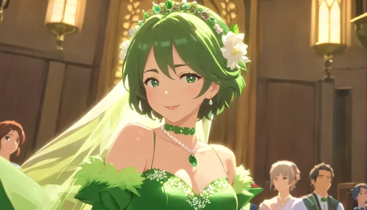 Green Dress Flower Cleanser，Sense of atmosphere, best qualtiy，tmasterpiece，1girll，30-years old，Green dress，Daytime Church，full body Esbian, Green gloves，Very short hair like a man，big breasts beautiful，looking at viewert，ssmile，Green Bridal Veil，Green Long...