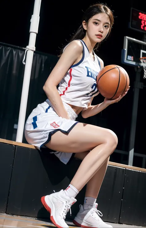 Top quality, 超高分辨率, (Photorealistic: 1.4), 8K resolution, (Woman in basketball uniform), (Random hair: 1.3), (photo-realistic hair: 1.2), (Realistic eyes: 1.2), (beautfully face: 1.3), (Large breasts:1.3), (Wet skin: 1.2),(Dynamic Angle:1.1)，（full bodyesbi...