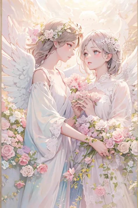 angels with flowers in their hands and a background of heaven, Guweiz em Pixiv ArtStation, 2 anjos, Wlop e Sakimichan, Guweiz, Romantismo estilo de arte, Tema de anjo, angel themed, Guweiz em ArtStation Pixiv, Anjos, 🌺 CGSetnation, Arte no estilo de Guweiz...