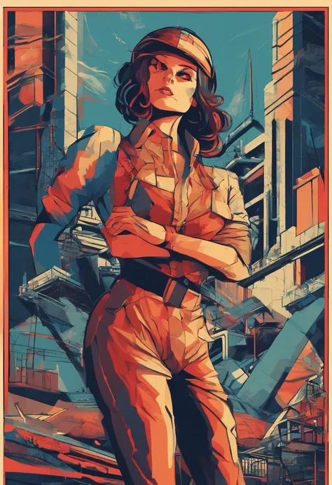 (nvinkpunk:1.2) (snthwve style:0.8), beautiful Russian factory worker, messy medium length brunette hair, blue jump suit, cleavage, dirty, propaganda poster anthro, lightwave, sunset, intricate, highly detailed